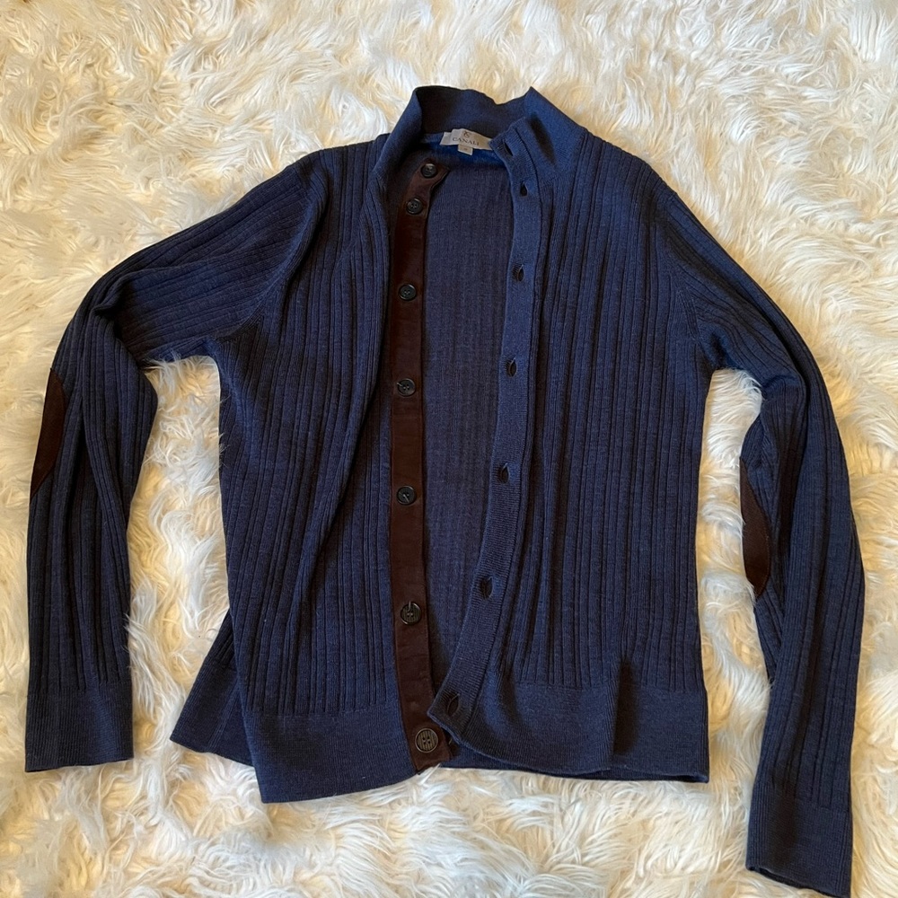Canali button cardigan with suede lining and elbow patches